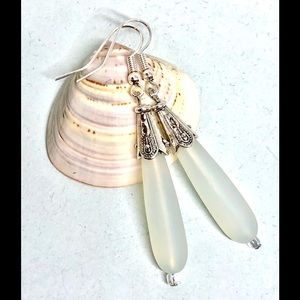 White Frosted Sea Glass Long Teardrop Silver Bali Style Cap Dangle Earrings 2.5”